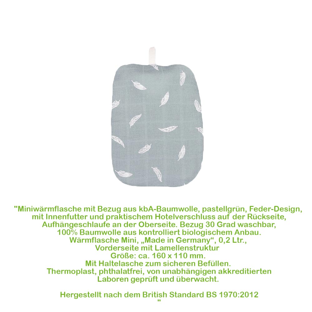 Mini-Wärmflasche mit Baumwollbezug, blau-grau, weiße Federn, Schlaufe oben