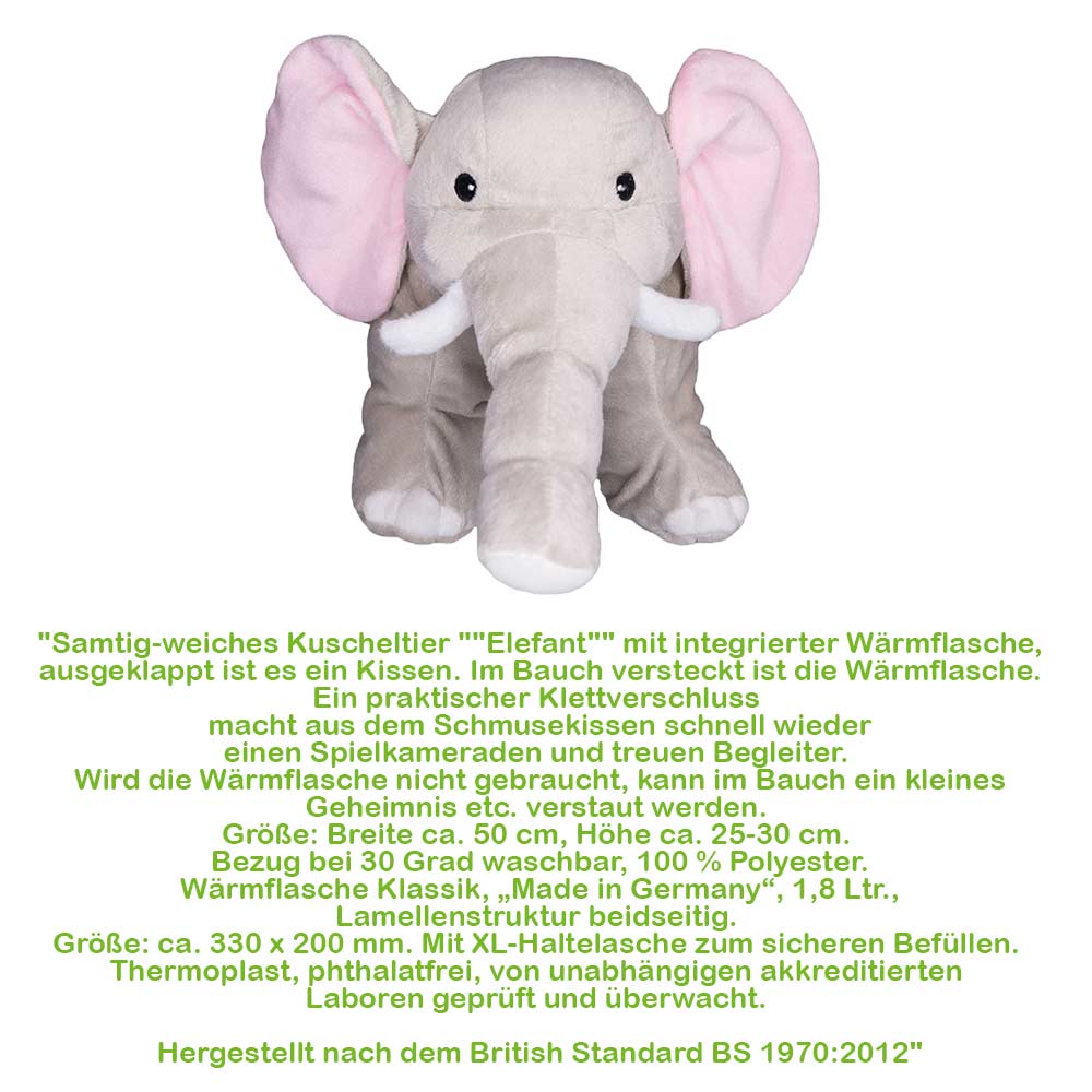 Kuschelkissen-Wärmflasche Elefant im Plüschlook mit großen rosa Ohren