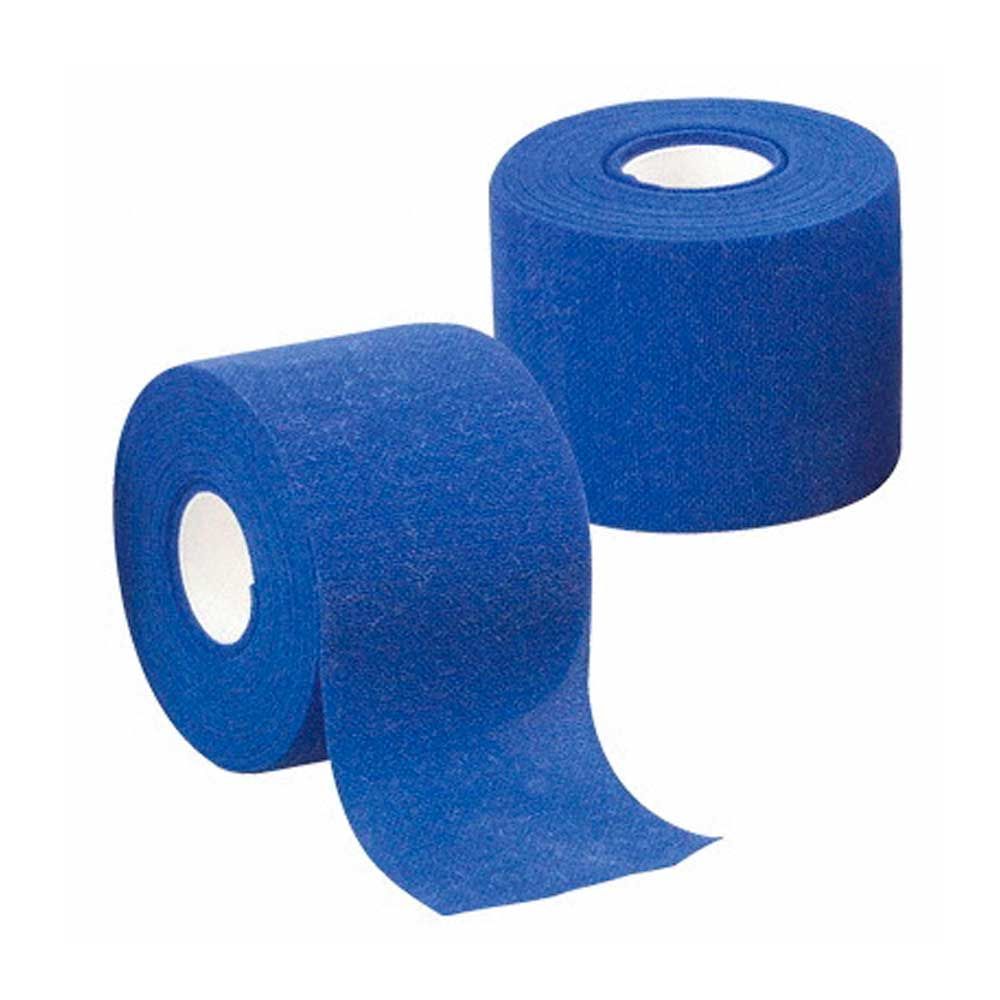 Kohäsive Fixierbinde aus Vlies, blaue Rolle und abgerolltes Bandende