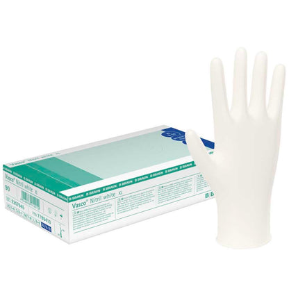 Nitrilhandschuhe Vasco® aus weißem Nitril, Handschuh und Produktbox im Set