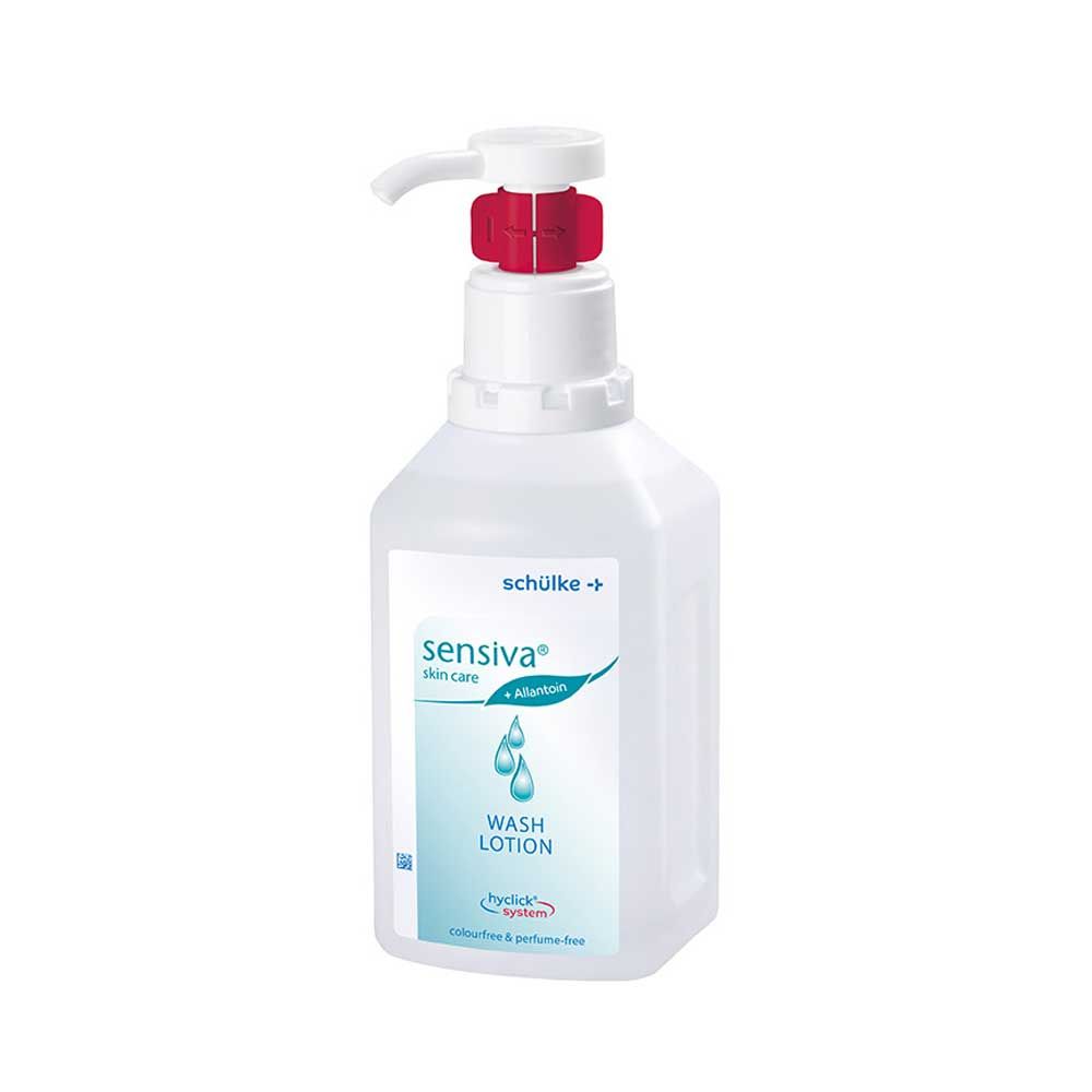 sensiva® Waschlotion-Spenderflasche mit rotem Deckel und weißem Pumpauslauf