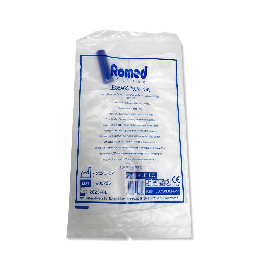 Sterilverpackung eines Romed Urinbeinbeutels mit Angaben zu 750 ml