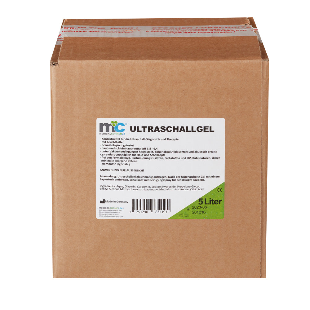 Kartonpackung mit mC Ultraschallgel 5 Liter Etikett