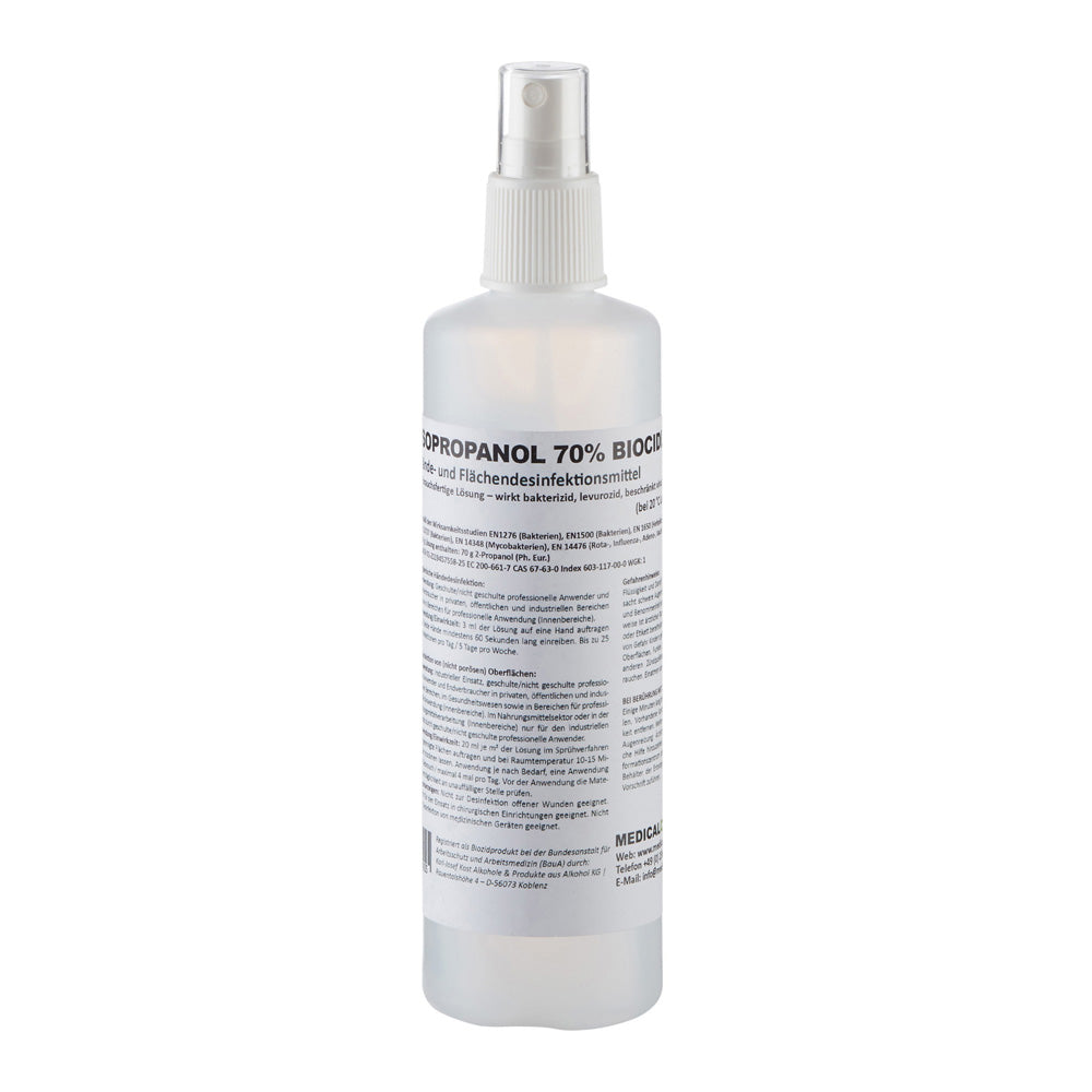 Rundflasche mit Sprühkopf und Etikett, Hand- und Flächendesinfektion