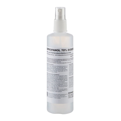 Rundflasche mit Sprühkopf und Etikett, Hand- und Flächendesinfektion