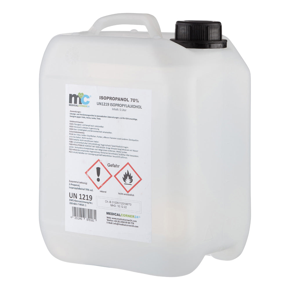 Isopropanol 70%-Kanister von hinten, mit weißem Etikett und schwarzen Kappe