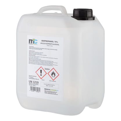 Isopropanol 70%-Kanister von hinten, mit weißem Etikett und schwarzen Kappe