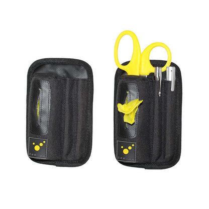 Schwarzes Handschuh-Holster mit Fächern und gelben Scherenhüllen für bis zu 5 Paar