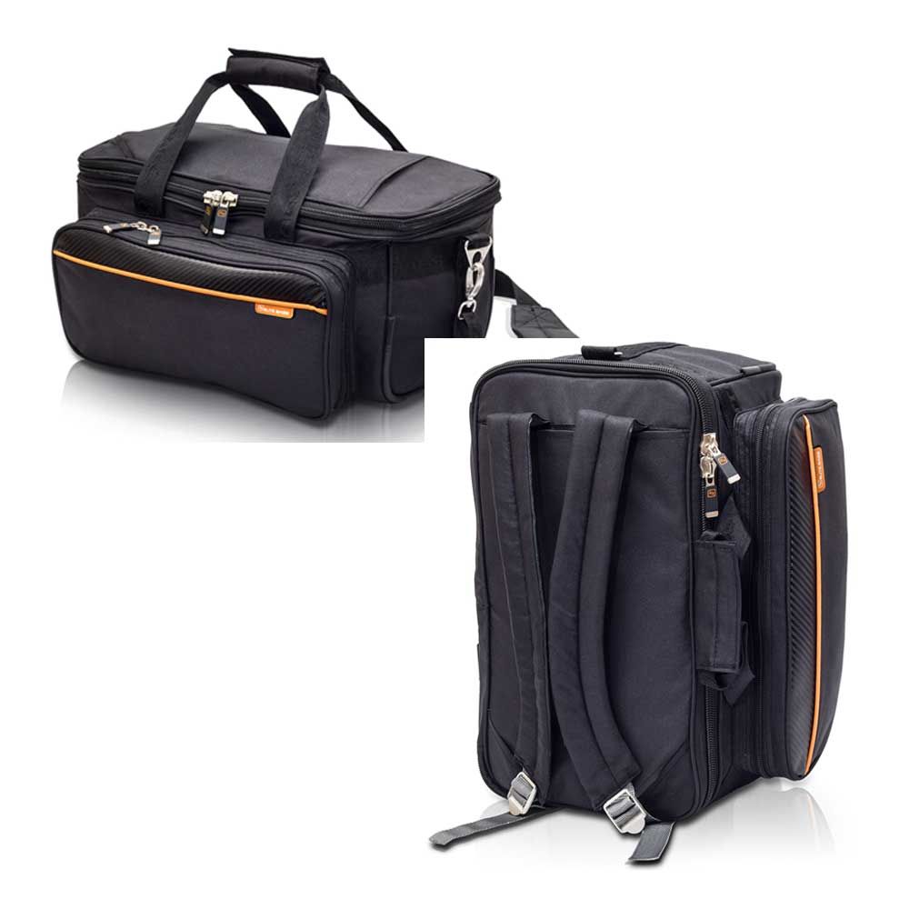 Arzttasche-Rucksack in Schwarz mit orangefarbenem Zipp, Vorderfach und Rückenpolstern