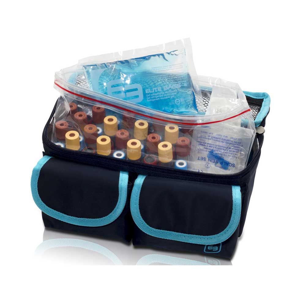 Thermotasche für Laborproben, dunkelblau, geöffnete Frontfächer mit Kühlbeuteln