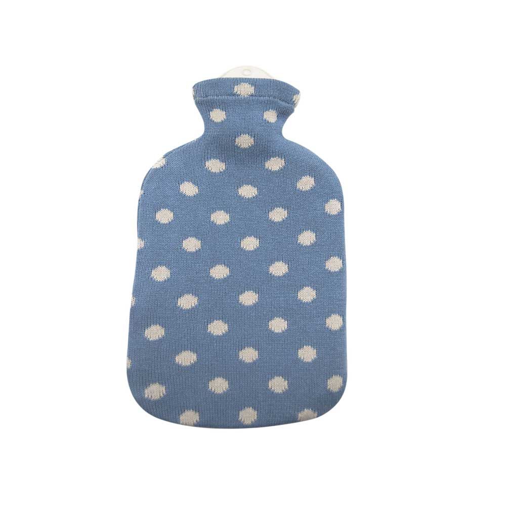 Wärmflasche 2 l mit Strickbezug Punktedesign, blau mit hellen Punkten