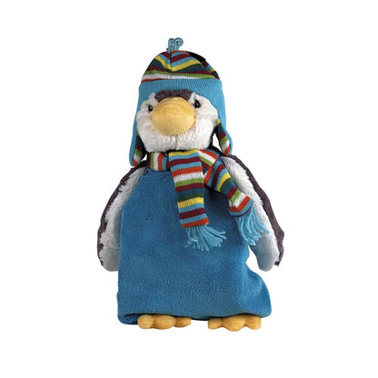 Wärmflasche mit Plüschbezug Pinguin, blaues Tier mit gelbem Bauch und Mütze