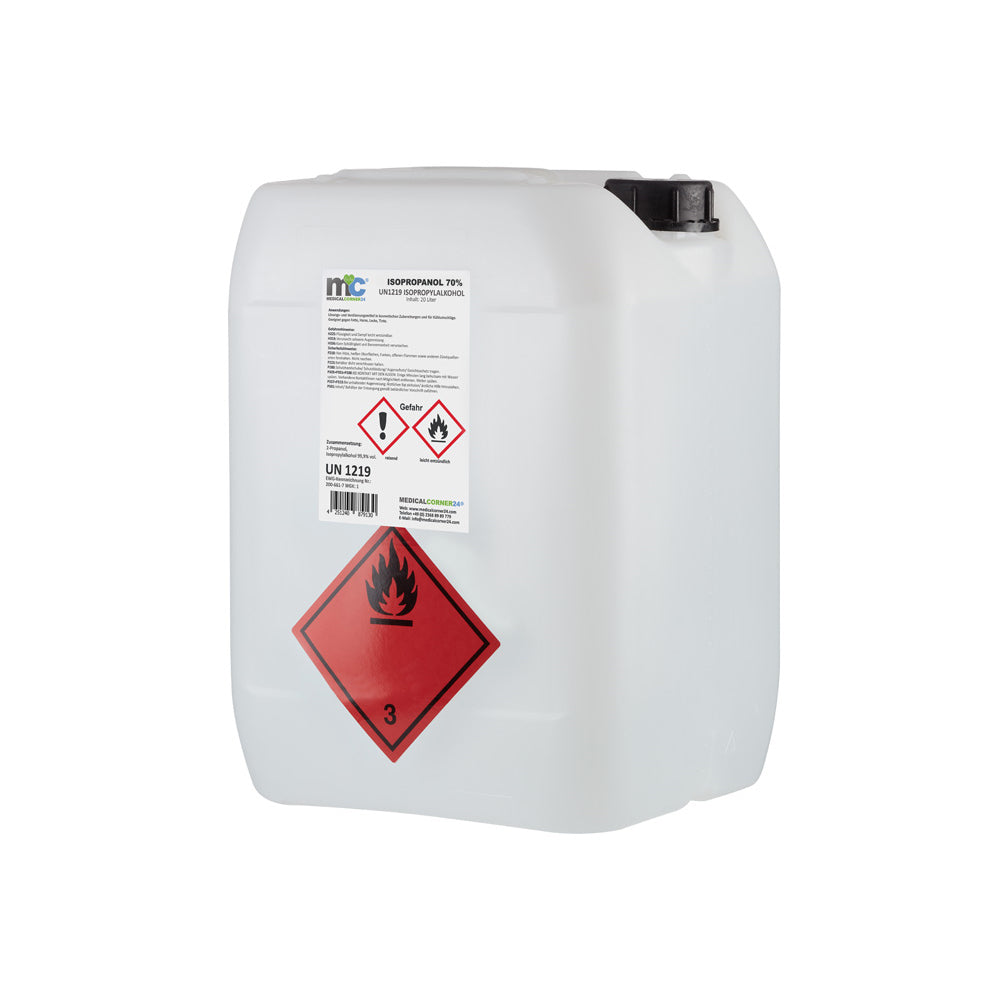 Isopropanol 70%-Kanister seitlich, mit rotem Gefahrenpiktogramm und Etikett