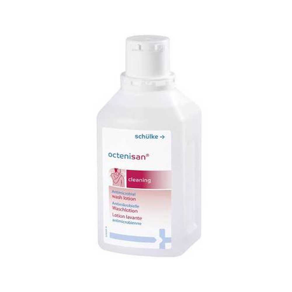 Schülke octenisan® Waschlotion, weiße Flasche mit Dosierkappe, Etikett sichtbar