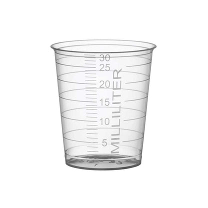 Klarer Einmal-Medizinbecher mit 30-ml-Skala und Milliliter-Einteilung