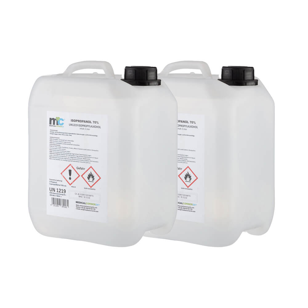 Zwei Isopropanol 70%-Kanister nebeneinander, je mit schwarzem Verschluss