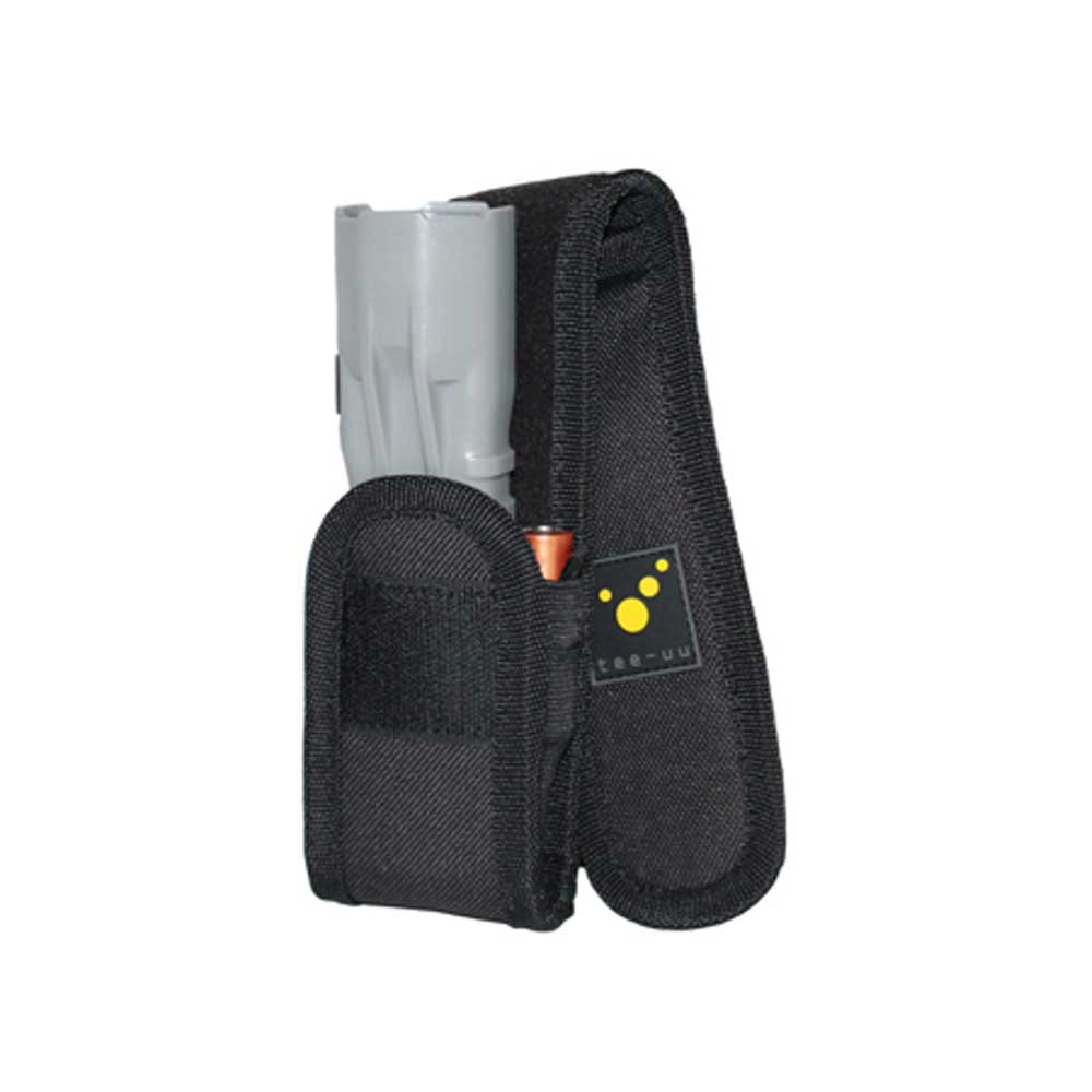 Schwarzes Holster mit Tasche für LED-Lampe, Lampe eingesetzt, tee-uu Logo