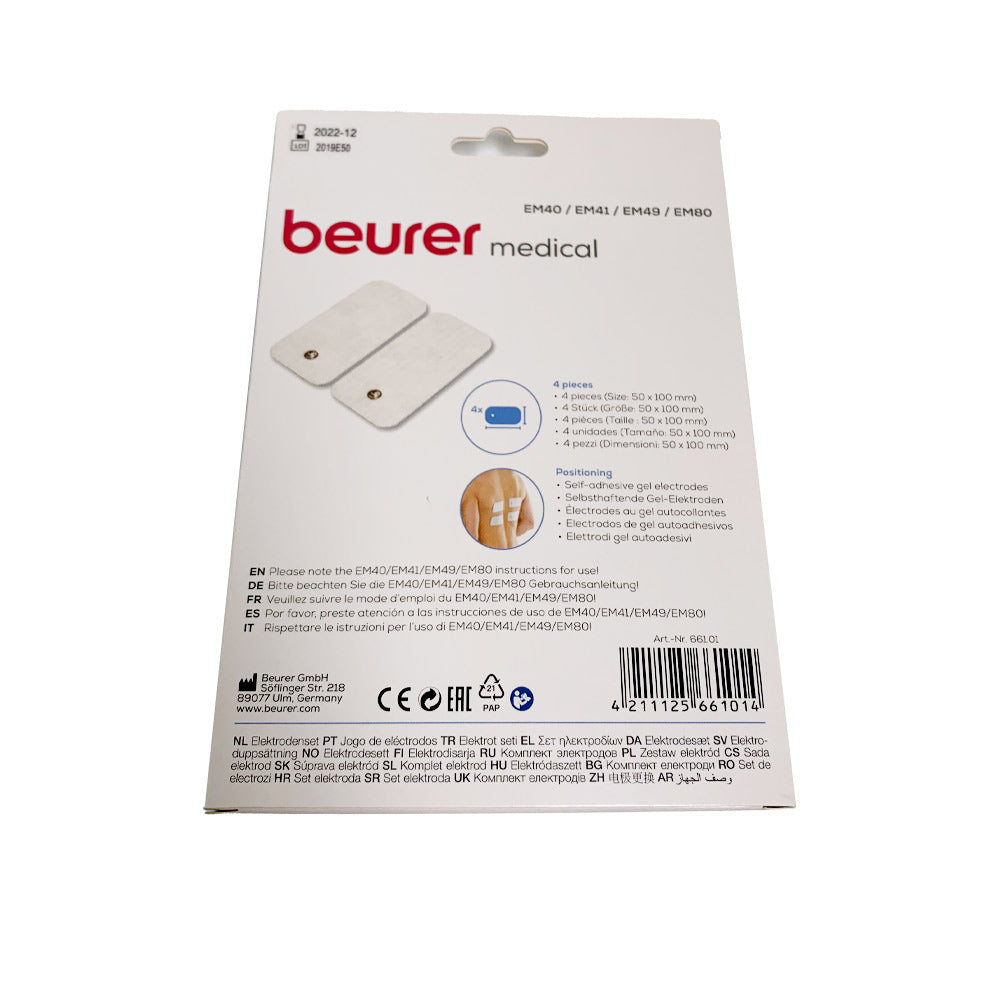 Beurer Elektroden-Set, Rückseite der Verpackung mit Angaben und Padabbildung