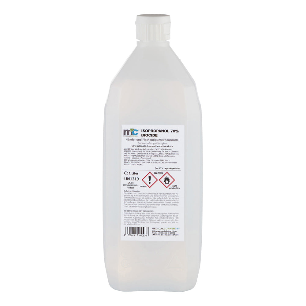 Hand- und Flächendesinfektion: weiße 1-l Flasche mit Rückseitenetikett