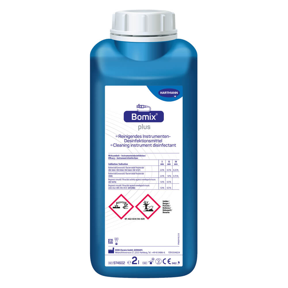 Instrumentendesinfektionsmittel Bomix plus – blaue Flasche mit Etikett und Dosierhinweisen
