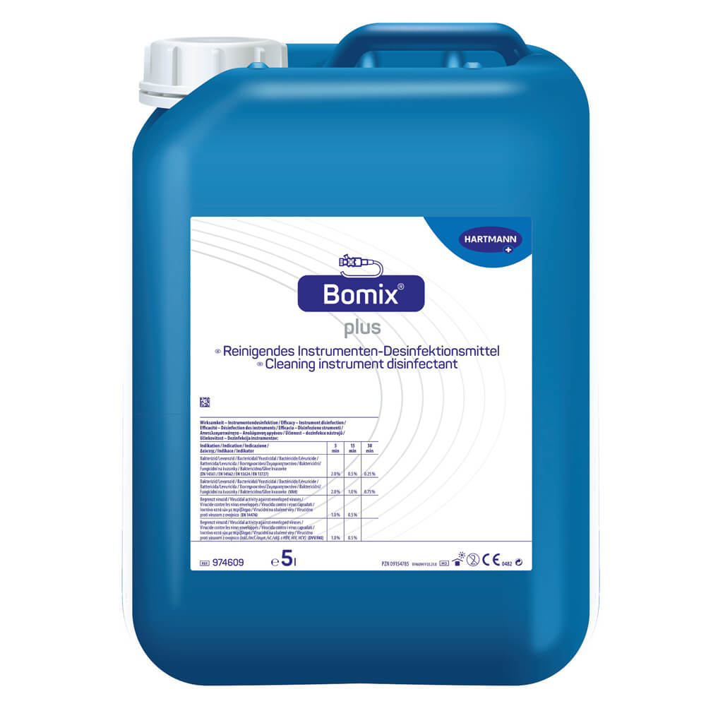 Instrumentendesinfektionsmittel Bomix plus – großer blauer Kanister, Etikett mit Tabelle