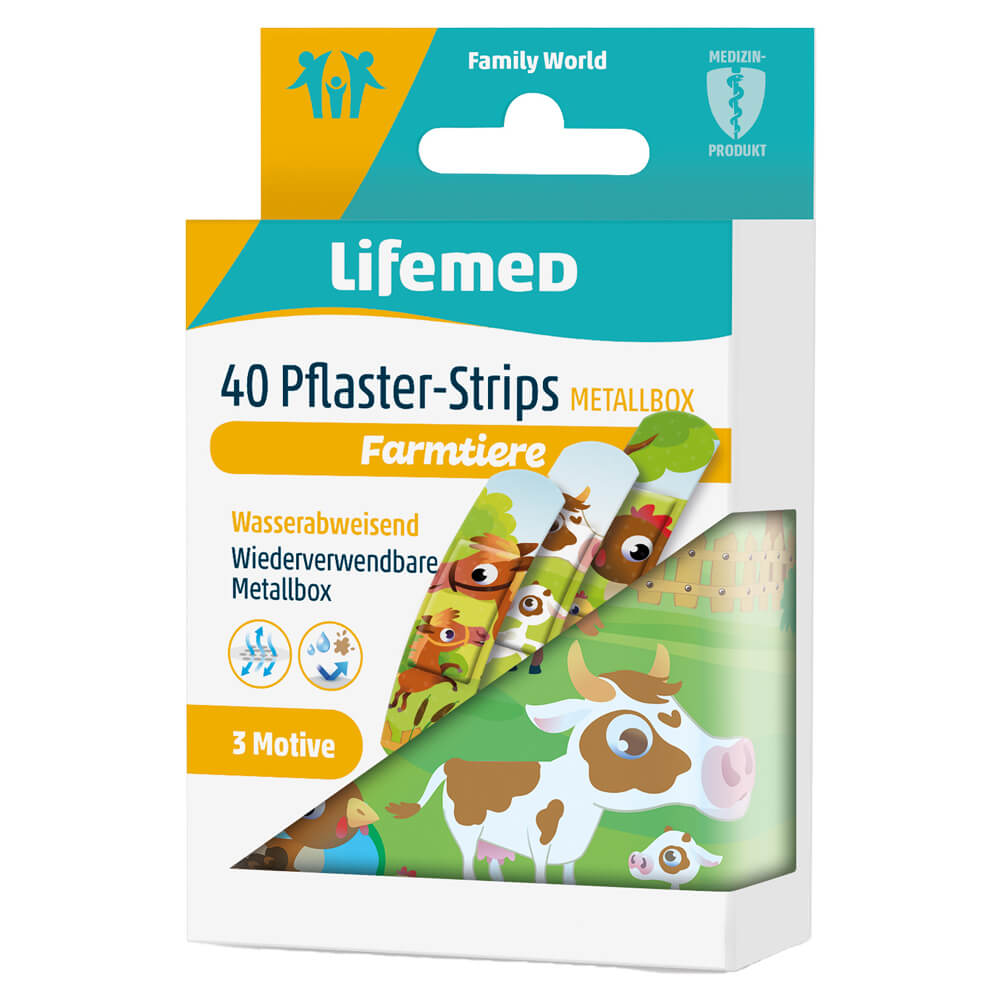 Lifemed® Kinderpflasterstreifen 40er Metallbox mit Farmtiere-Motiv