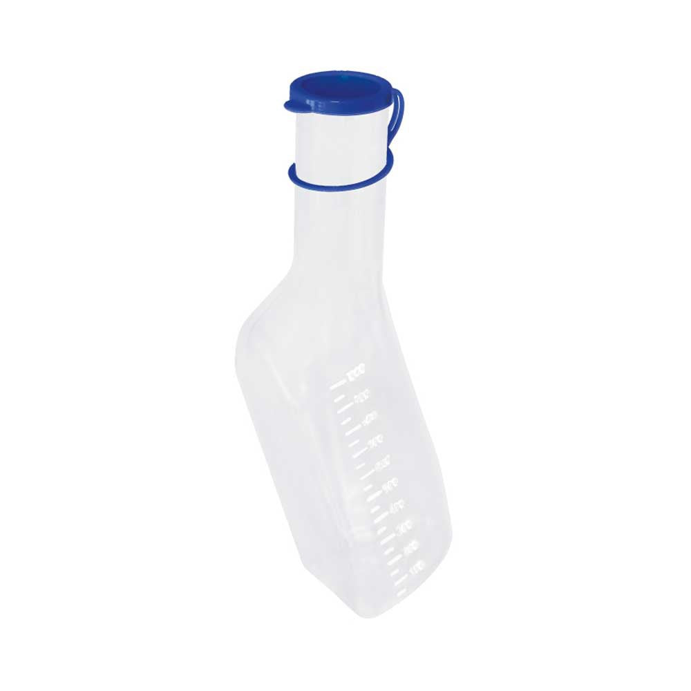 Transparente Flasche mit blauem Deckel, Messskala am Flaschenkörper