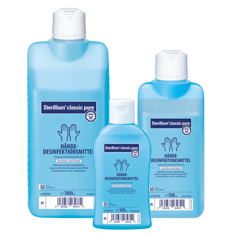 Blaues Händedesinfektionsmittel-Set: 1.000 ml, 500 ml und 100 ml Flaschen.