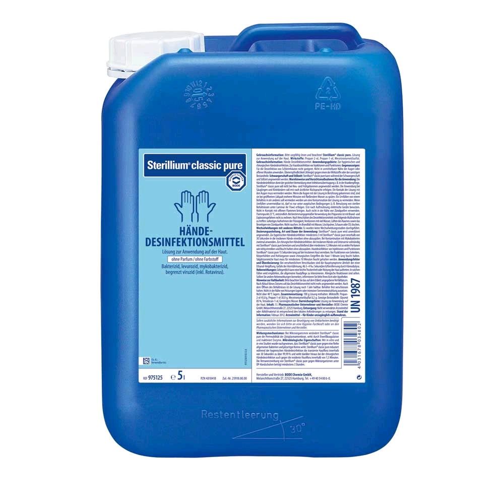 Blauer Händedesinfektionsmittel-Kanister mit Tragegriff, Rückansicht, 5 Liter.