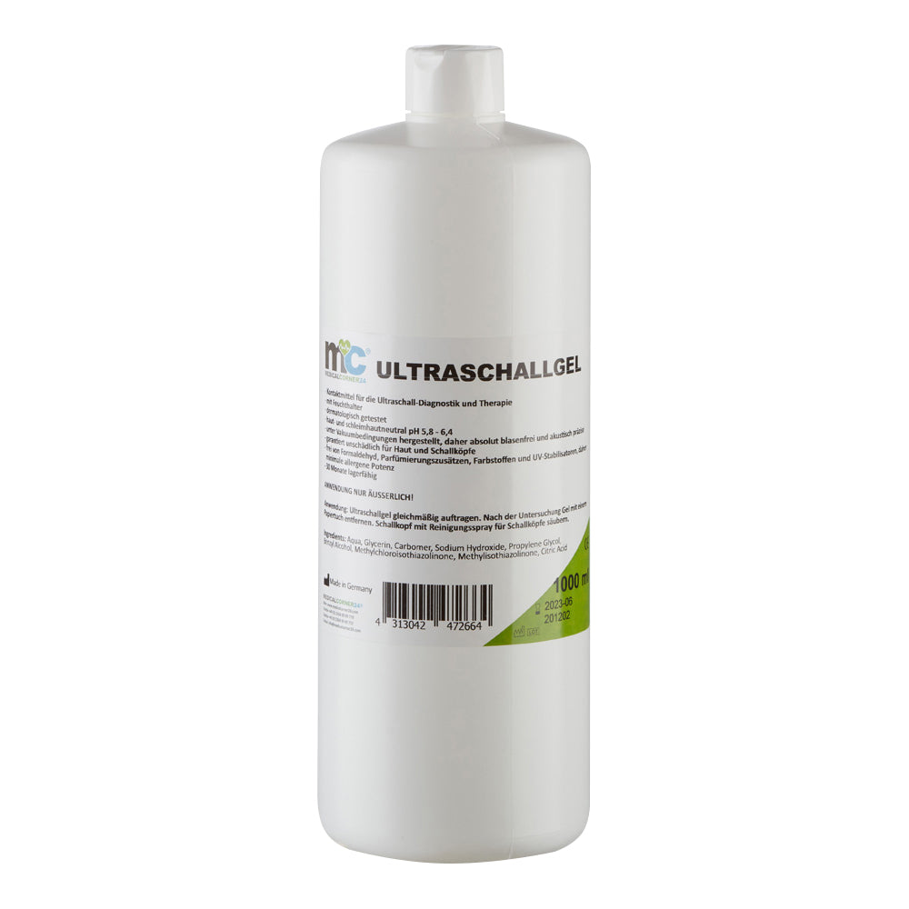 Ultraschallgel-Kontaktgel, weiße Flasche mit Aufdruck und grüner Markierung