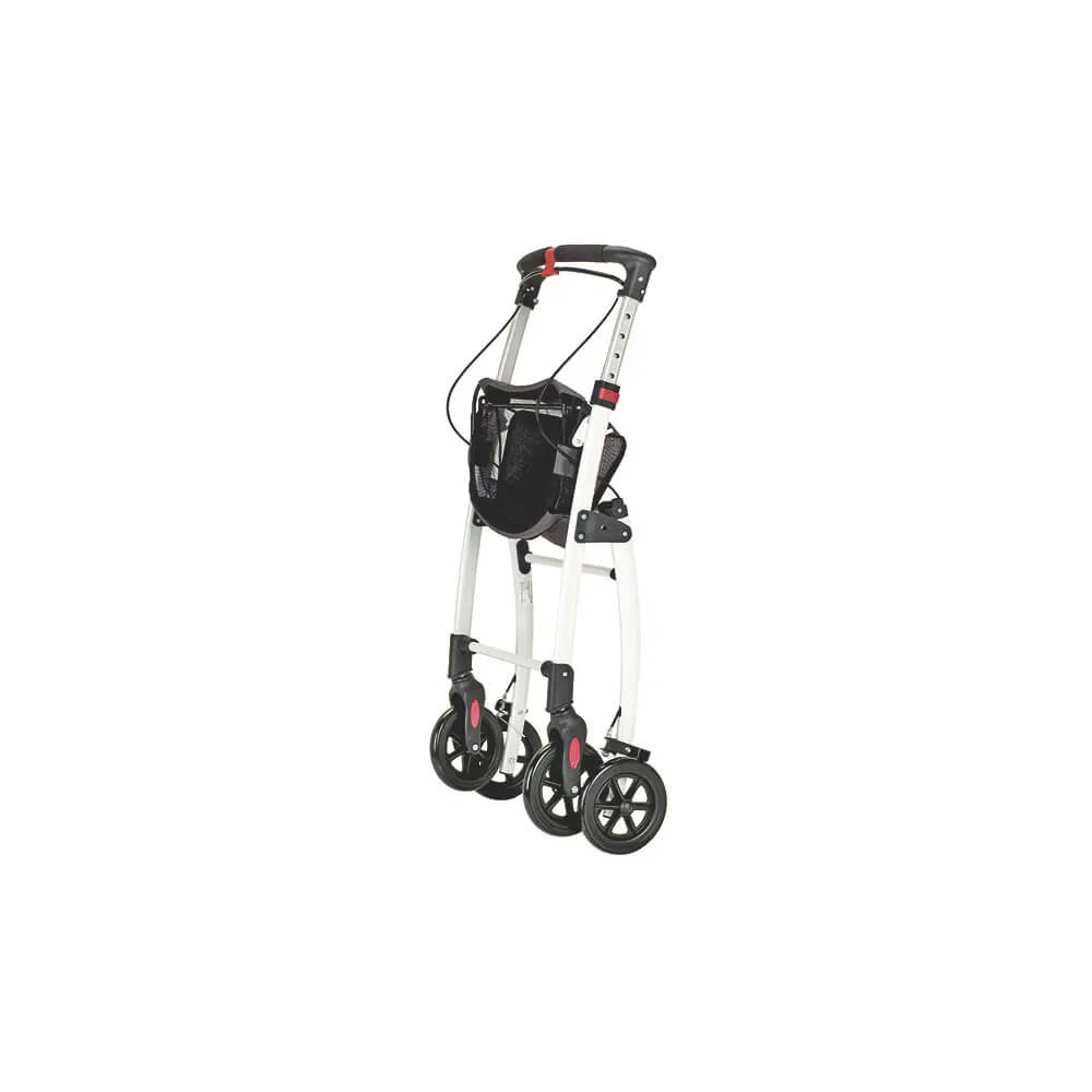 Rollator in Seitenansicht, schwarze Tasche am Rahmen, gepolsterter Sitz und 4 Räder