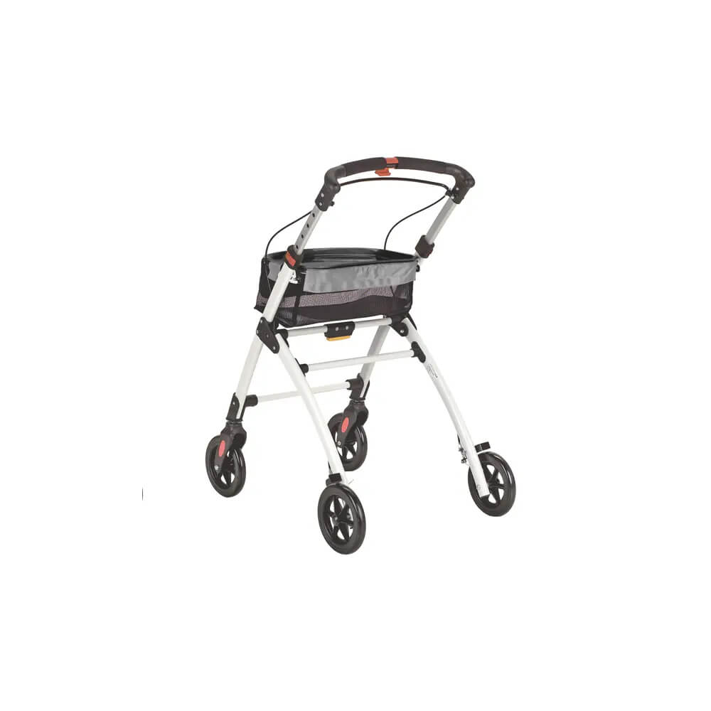 Rollator mit Tasche am Vorderbereich, gepolsterte Rückenlehne und 4-Rad-Basis