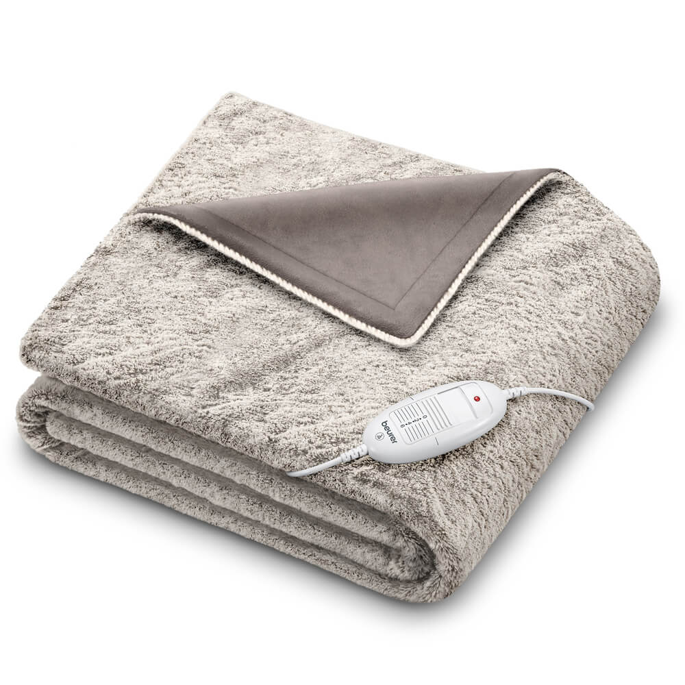 Beurer Heizdecke HD75 aus grauem Kuschelfleece mit Fernbedienungskabel