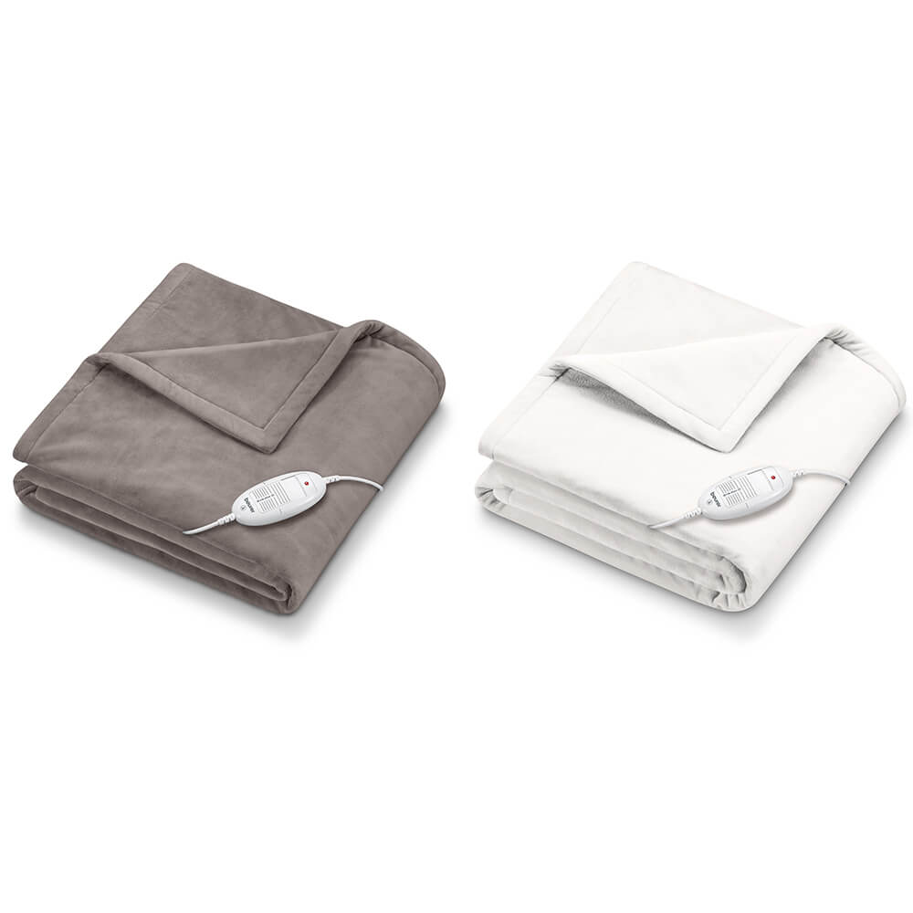 Beurer Heizdecke HD75, gefaltet: taupe und weiß, mit Bediengerät