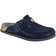 Blauer Clog aus Naturleder mit zwei Riemen und Metallschnalle