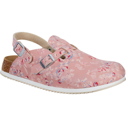 Birkenstock Clog Rosa mit Blumenprint, zwei Metall-Schnallen vorn