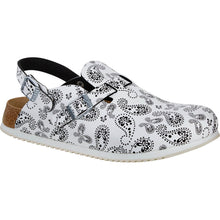 Birkenstock Clog Weiß mit Paisley-Druck und zwei Gurt-Schnallen
