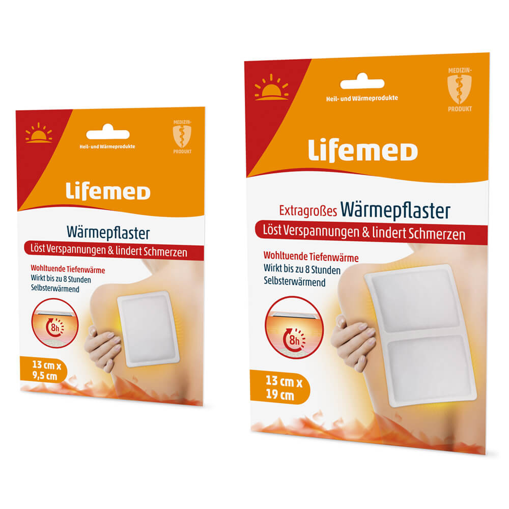 Lifemed Wärmepflaster Packung mit zwei rechteckigen Wärme-Pads, 13×9 cm