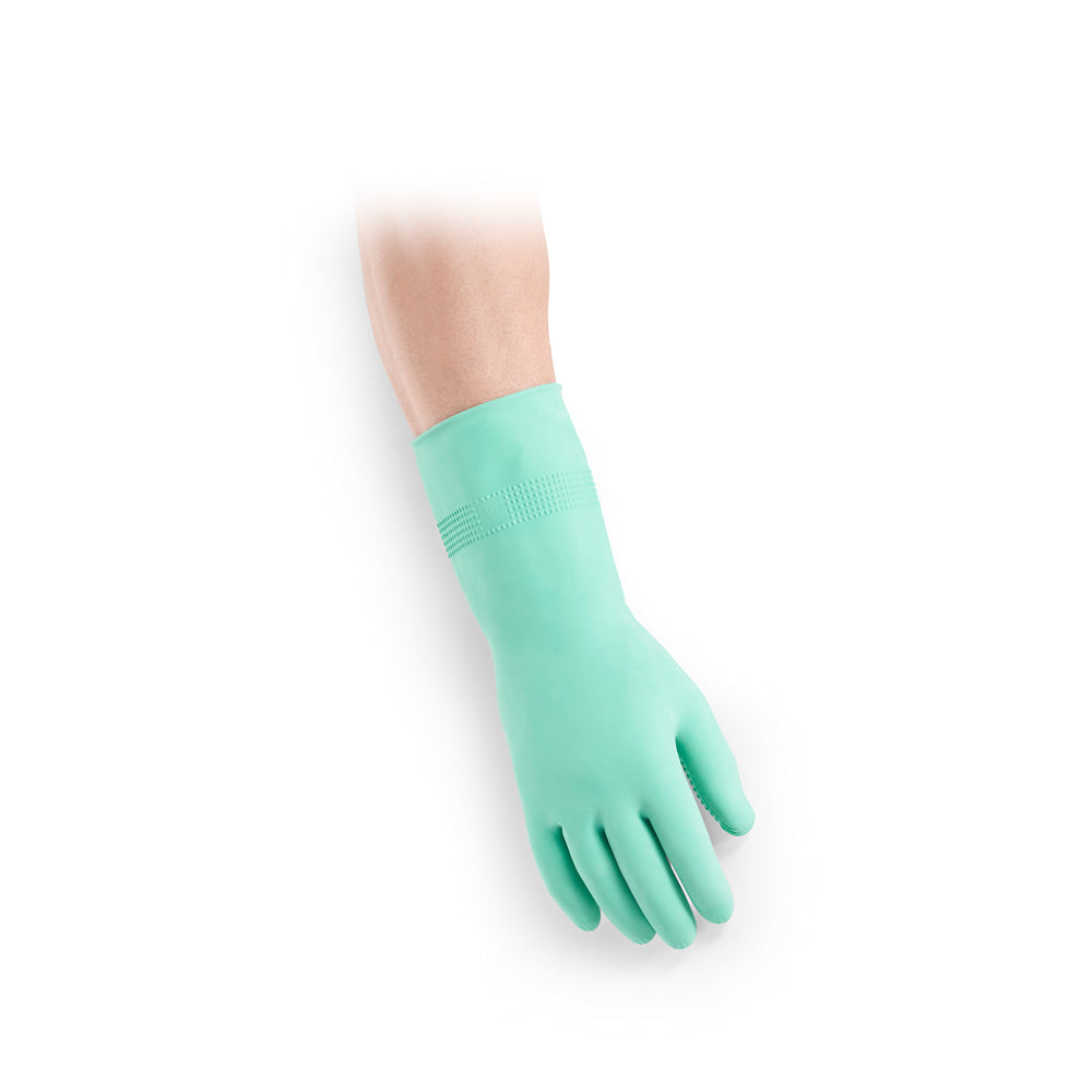 Grüne Noppenhandschuhe aus Latex mit Baumwollvelour, Handansicht