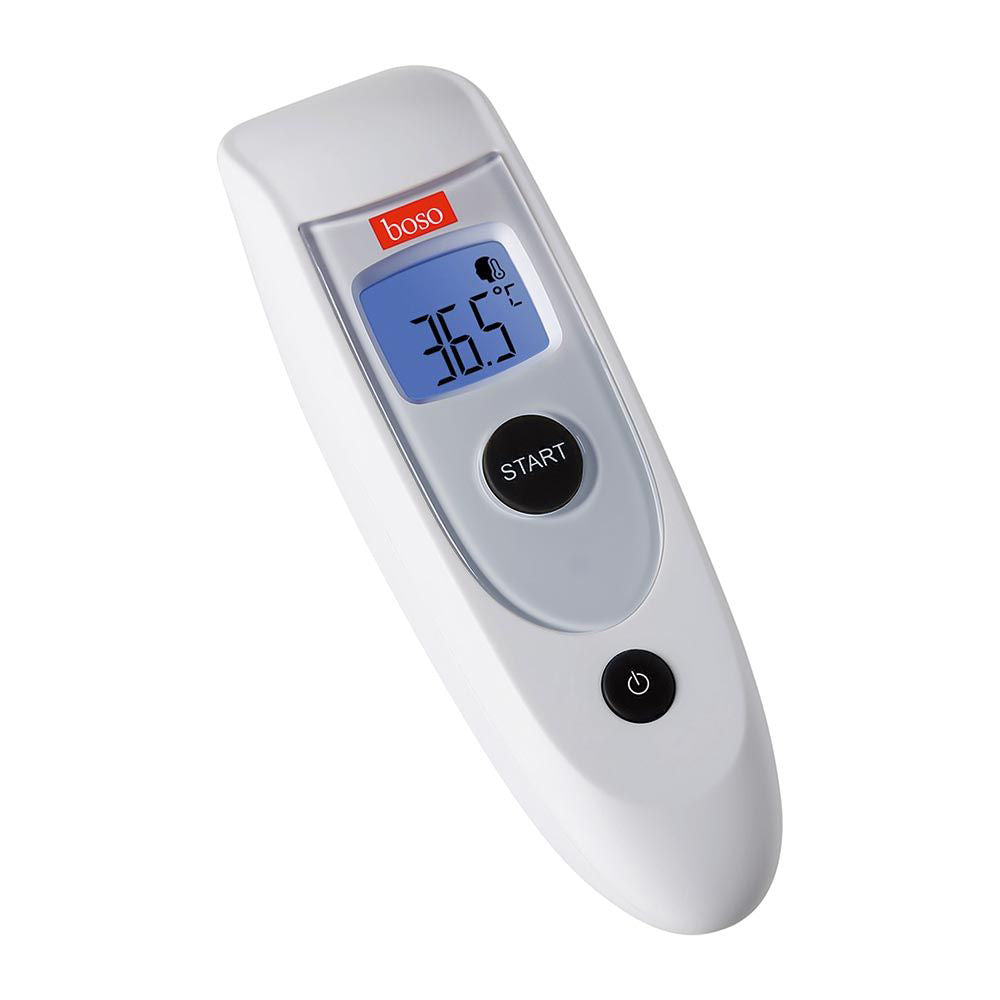 boso kontaktloses Infrarot-Thermometer, schräg, blaues Display, Start- und Ein/Aus-Taste