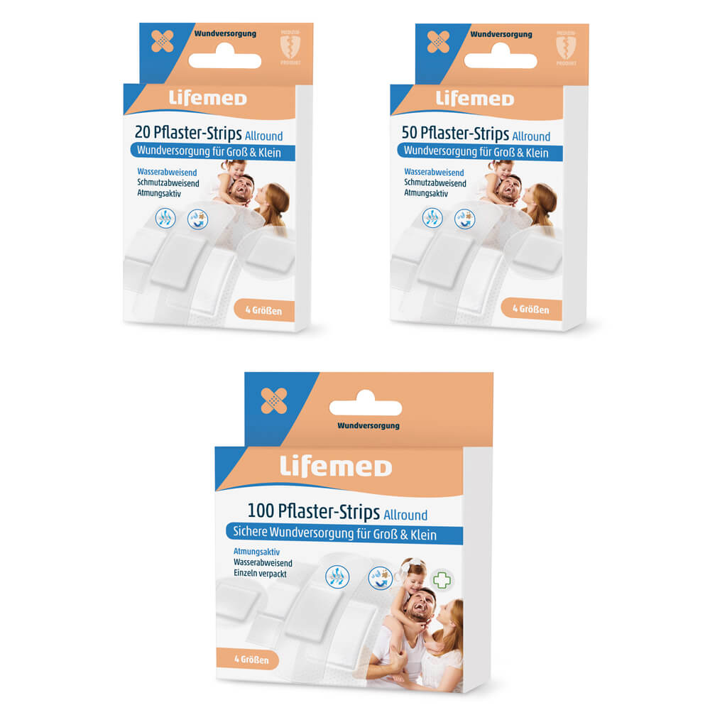 Pflasterstreifen Allround von Lifemed®, halbtransparente Pflasterpackungen, 4 Größen