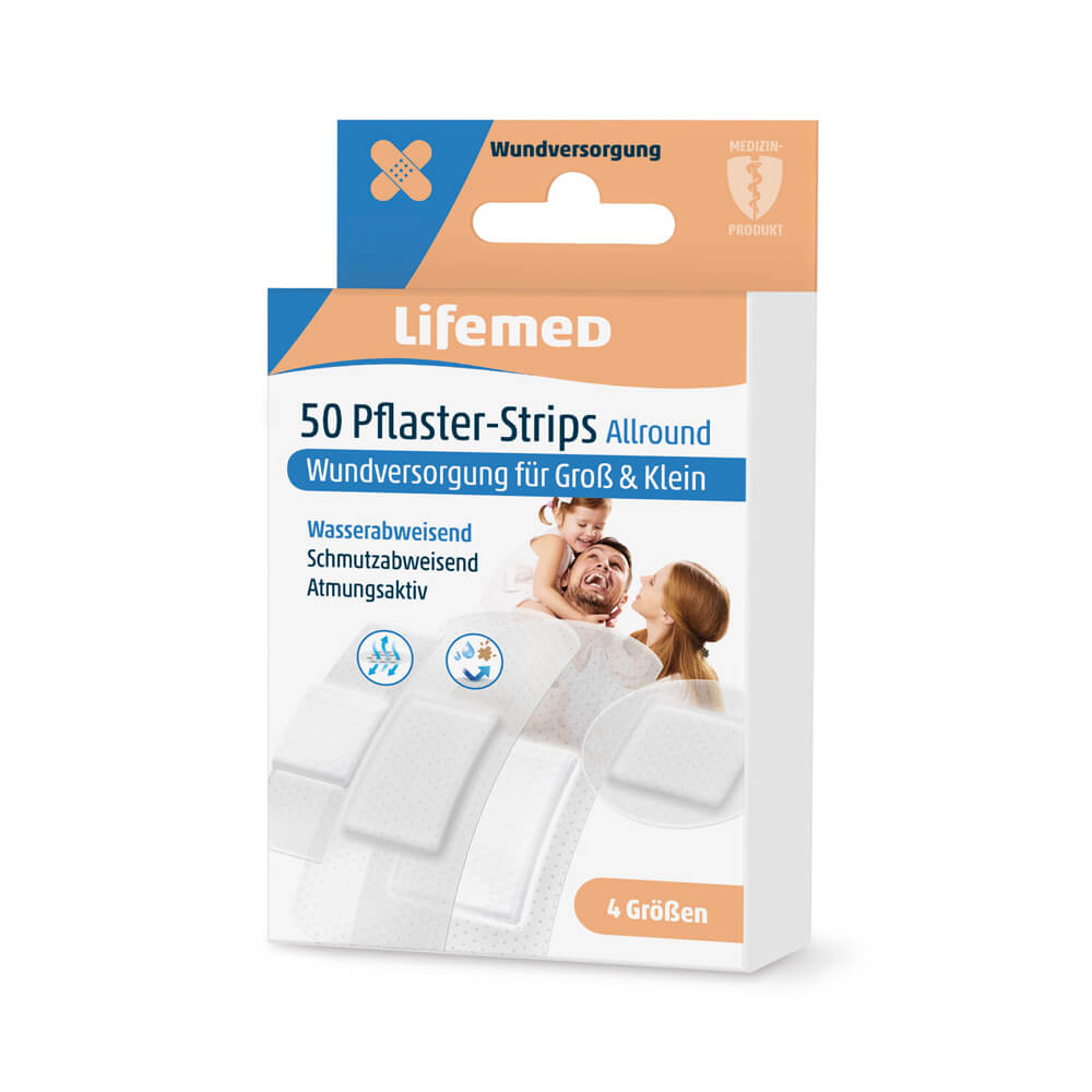 Pflasterstreifen Allround von Lifemed® Packung für 50 Stück, 4 Größen, halbtransparent