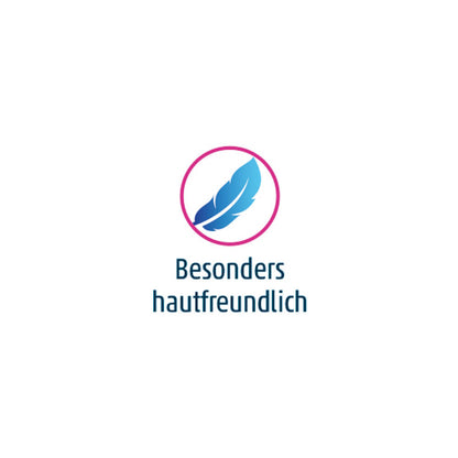 Hautfreundlich-Label „Besonders hautfreundlich“ mit blauem Blatt-Symbol
