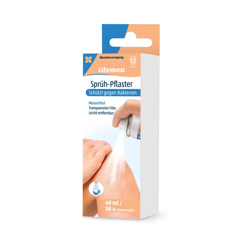Lifemed Sprüh-Pflaster 40 ml, Verpackung mit Hinweis auf Schutzfilm gegen Bakterien