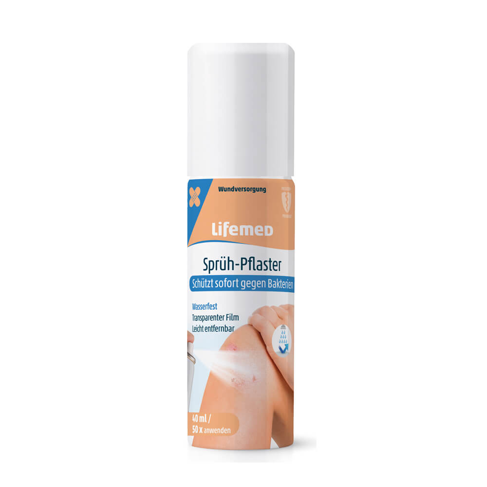 Lifemed Sprüh-Pflaster 40 ml Dose, Vorderansicht mit Aufdruck zum Schutzfilm