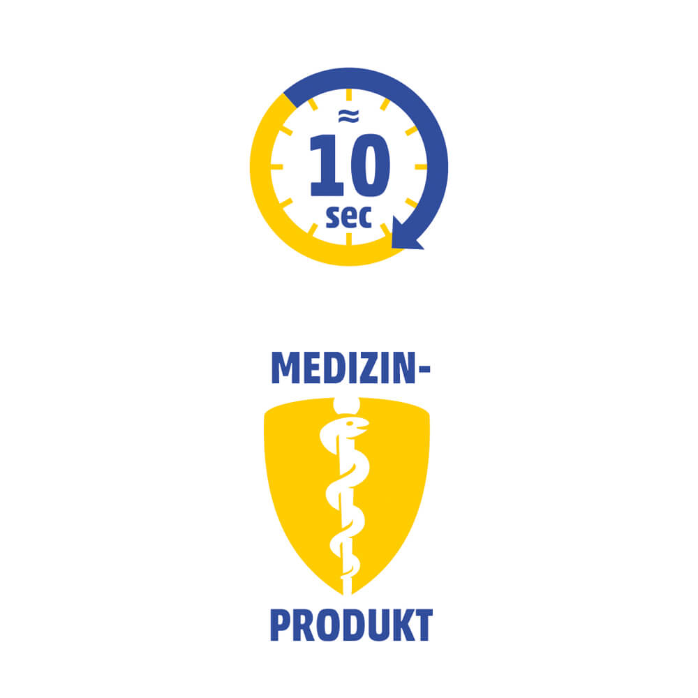 10-Sekunden-Symbol und Hinweis „Medizinprodukt“