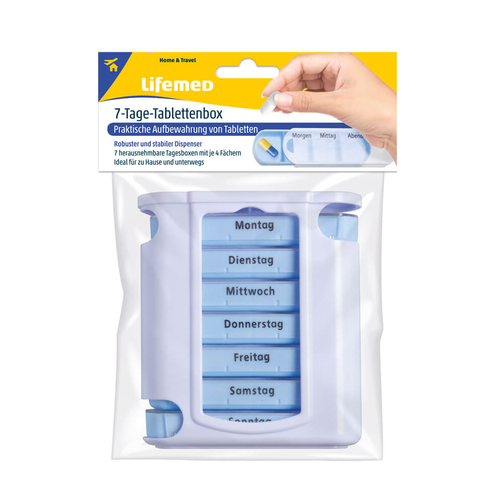7-Tage-Tablettenbox von Lifemed mit blauem Einsatz und Wochentagen, weiß-blau