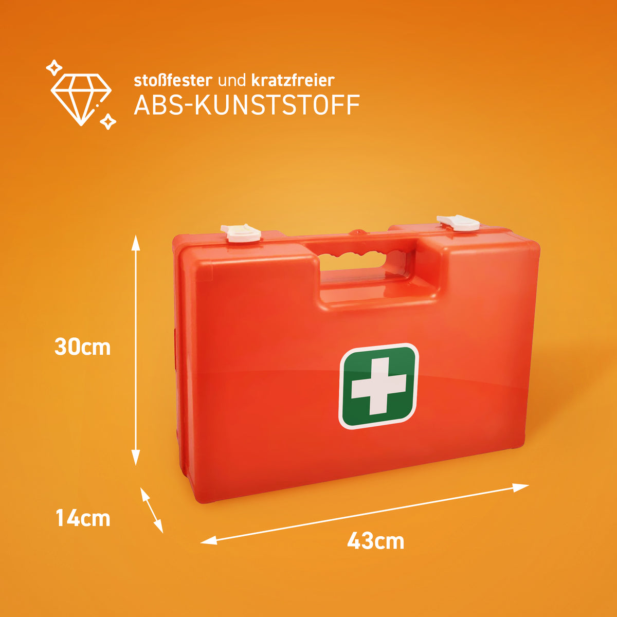 Gefüllter Erste-Hilfe-Koffer aus orangefarbenem Kunststoff mit weißem Plus-Notfallzeichen
