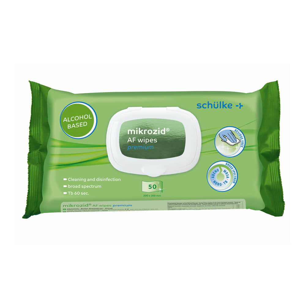 Schülke mikrozid® AF Wipes Premium Desinfektionstücher im grünen Beutel mit 50 Tüchern