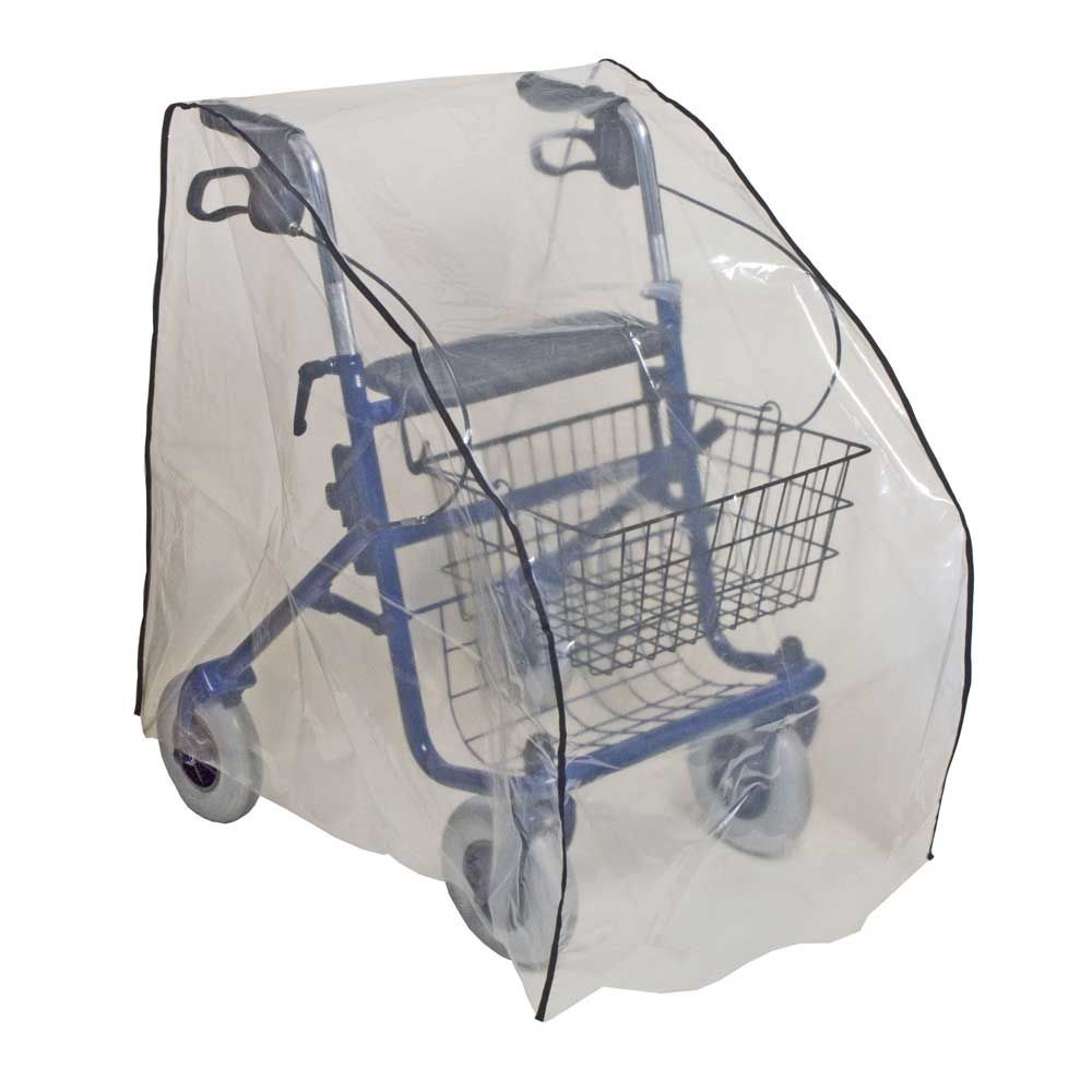 Transparente PE-Schutzhaube für Rollatoren mit vorderem Ausschnitt, über Rollator gestülpt